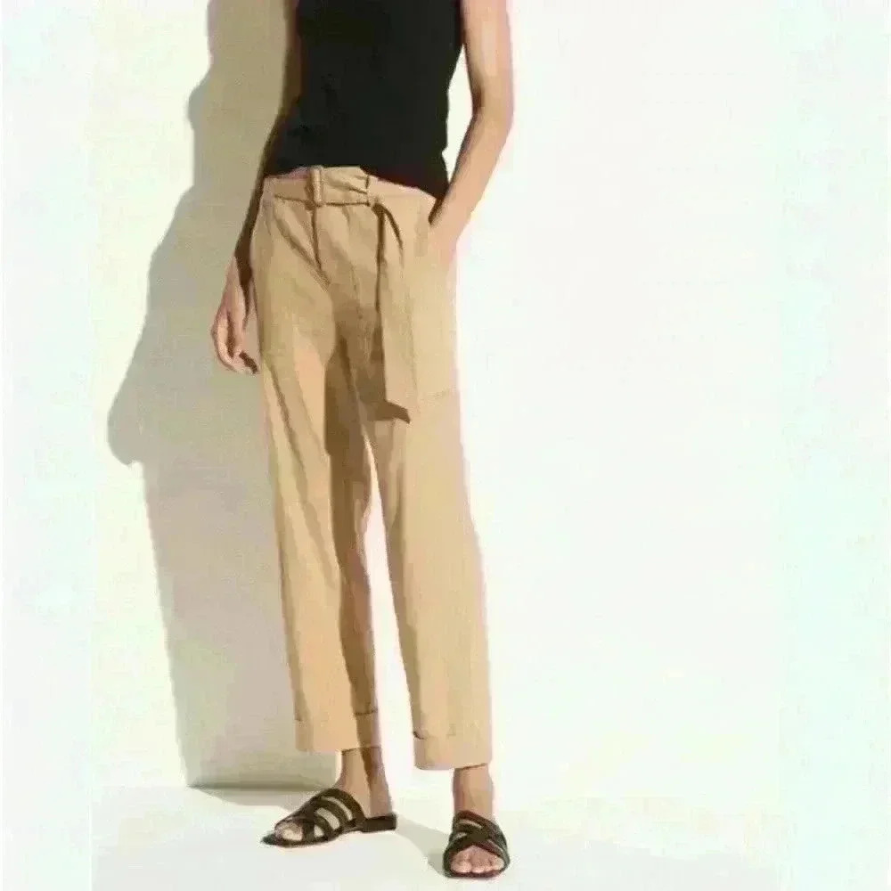 Vince - belted, stretch linen, paper bag, crop trousers- Sz L
